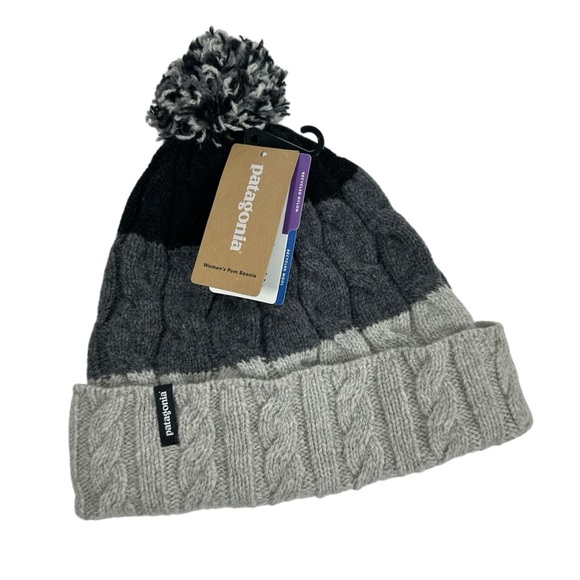 PATAGONIA Women's Wool Blend Cable Knit Pom Stocking Cap Drifter Grey Stripe - Picture 1 of 8